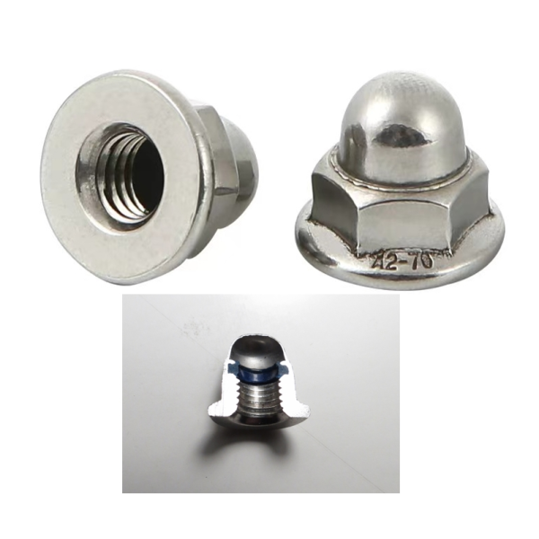 10x M8 stainless steel cap nut, smooth flange, plastic anti loosening ring